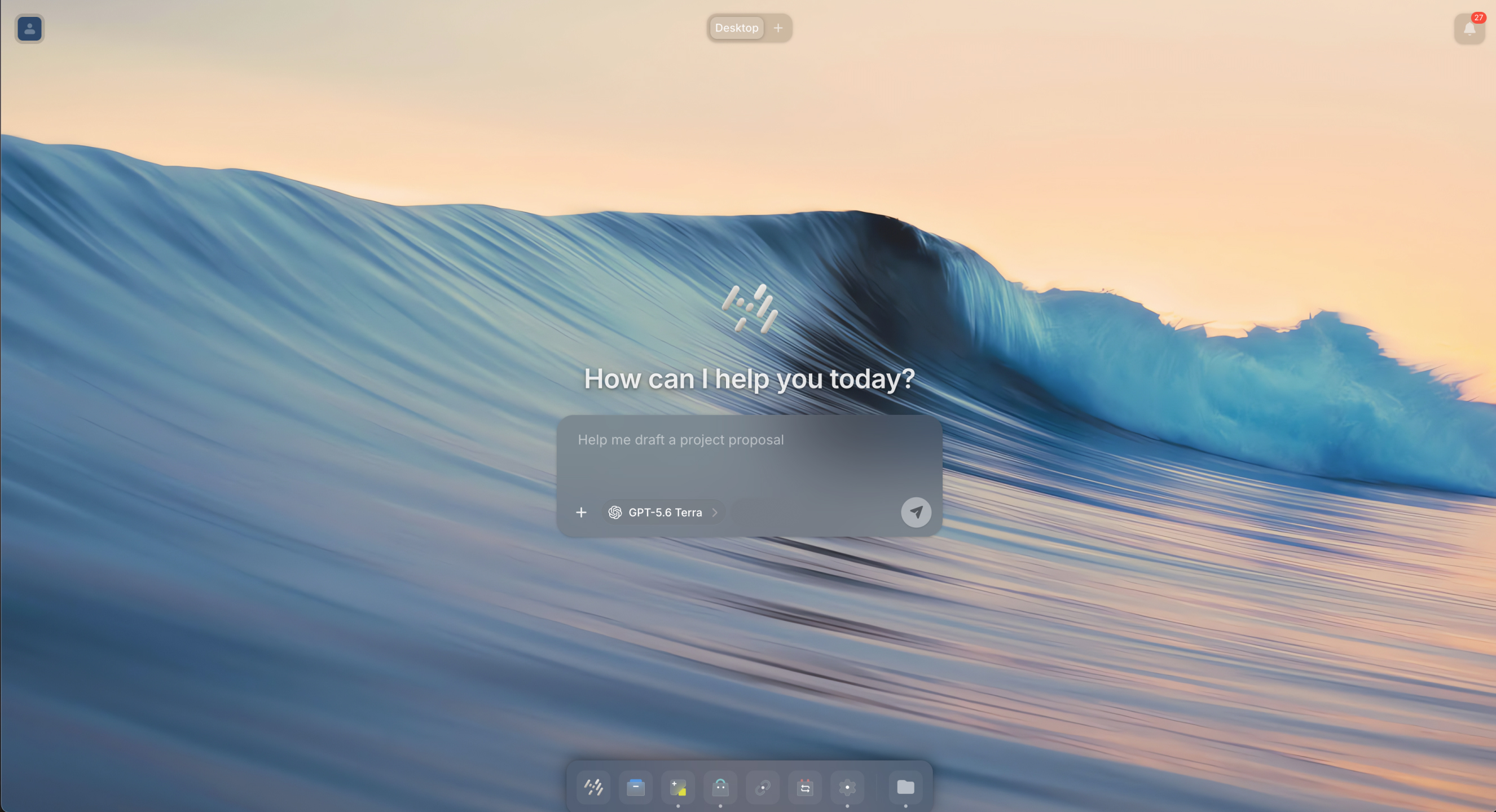 Desktop with floating windows, dock, and custom wallpaper