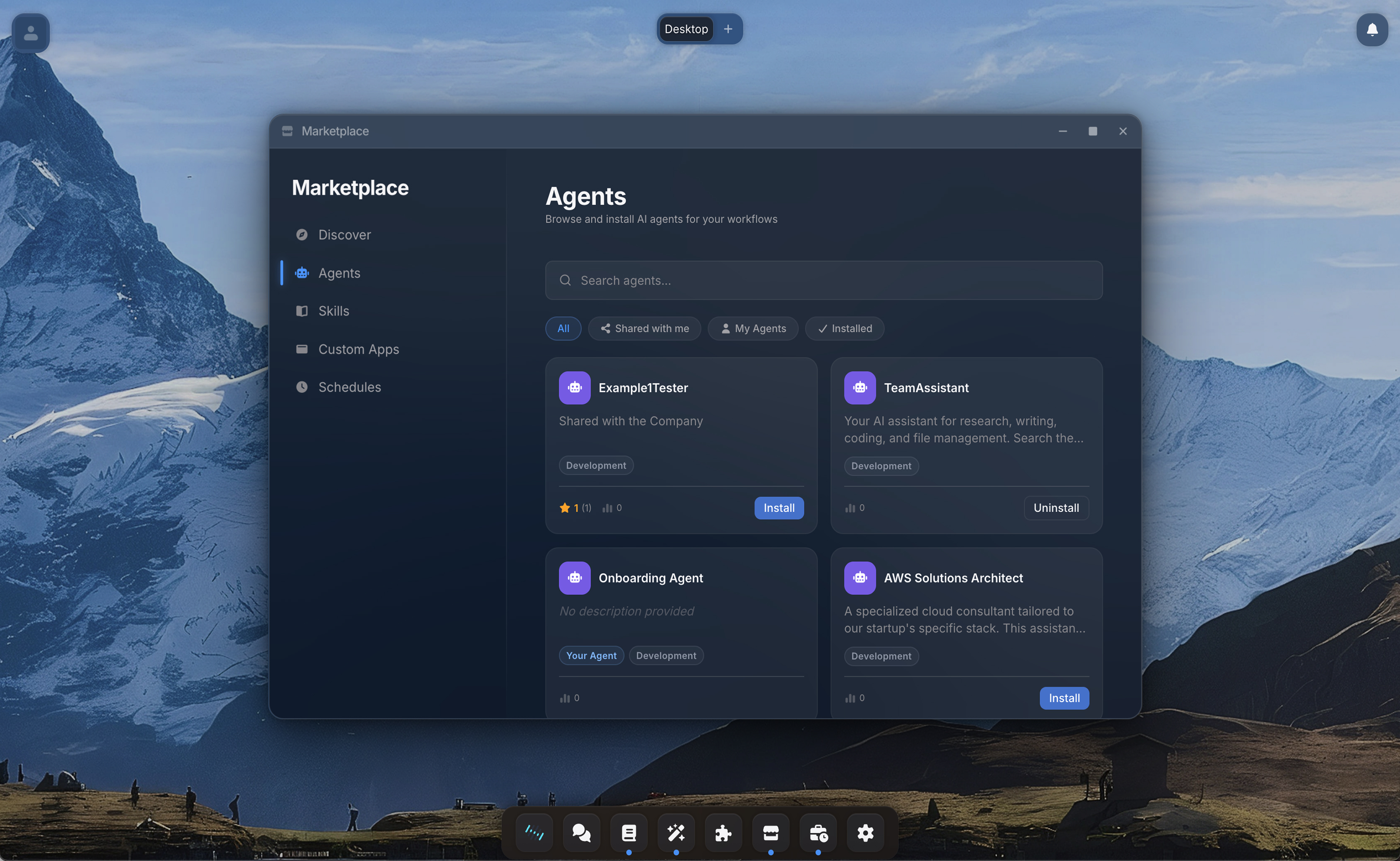 Marketplace with agents, skills, apps, and connections